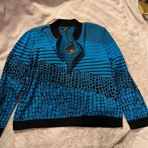 Ming Wang Acrylic Polyester Yarn Petite XL Blue Black Pattern Sweater Jacket